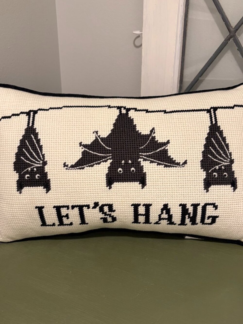 Martha Stewart "Let's Hang" Bat Needlepoint Lumbar Pillow NWT Halloween decor